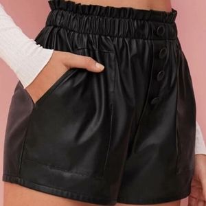 Paperbag Waist Button Detail Faux Leather Shorts